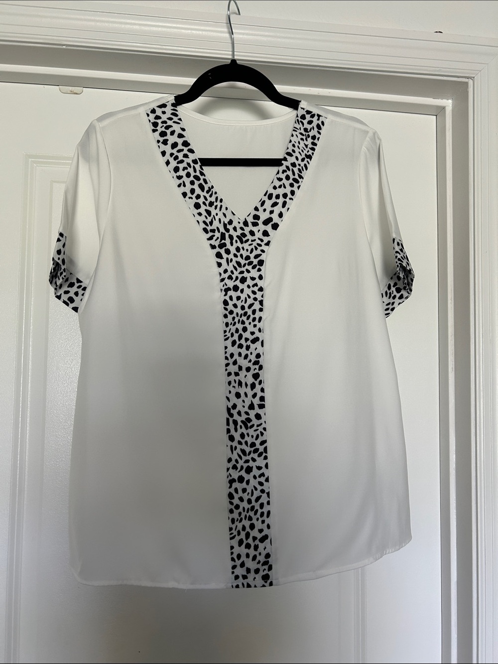 Women's White V-Neck Top with Black Spot Trim